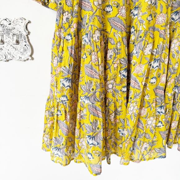 Shade Amour Yellow and Pink Block Print Floral Tiered Button Front Dress S - Picture 4 of 6